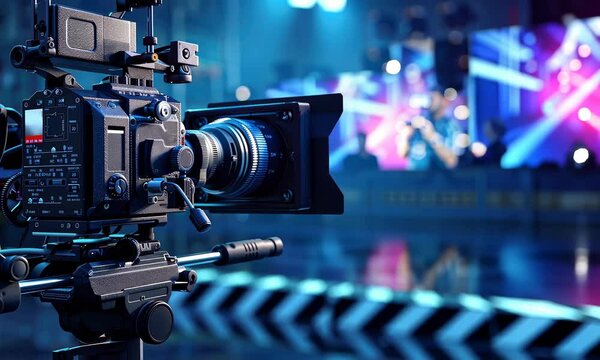 Professional video camera setup for film shoot with blurred background