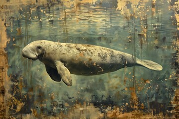 Fototapeta premium A serene manatee gliding through clear waters, showcasing nature's beauty and tranquility in aquatic life.