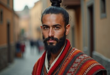 Obraz premium A man with a topknot hairstyle and a full beard, wearing a patterned poncho, stands in a city street.