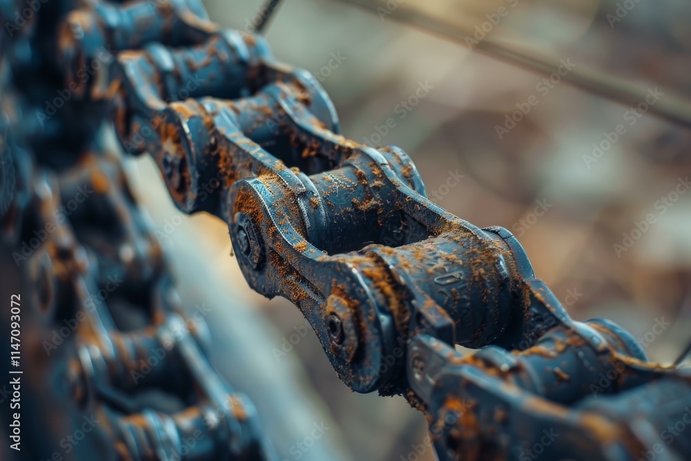 Poster close up of rusty chain hanging with blurred background showing decay in an industrial environment