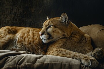 Naklejka premium A serene moment of a resting feline, showcasing its beauty and elegance in a cozy setting.