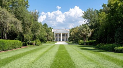 Obraz premium A historic southern plantation mansion with white columns stands at the end of a long manicured striped green lawn under a blue sky.
