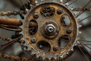 Fototapeta premium Close up of old chain ring on vintage bicycle showing rust and decay