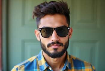 Obraz premium A young man with a beard and sunglasses, wearing a plaid shirt.