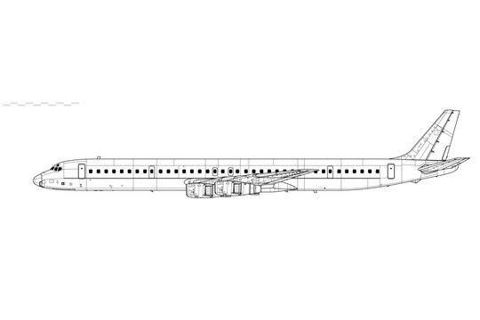 Douglas DC-8-61. Vector drawing of long-range narrow-body jetliner. Side view. Image for illustration and infographics.