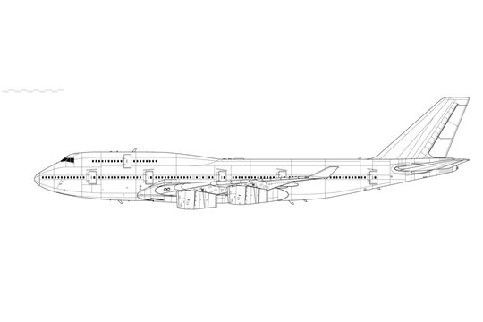 Boeing 747-400. Vector drawing of wide-body long-range jetliner. Side view. Image for illustration and infographics.
