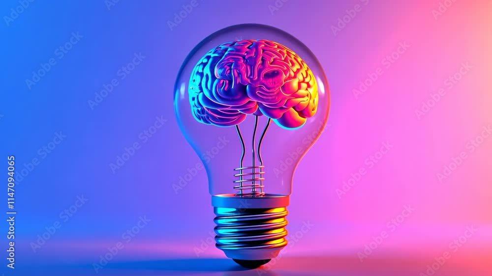 Poster light bulb with a brain design reflecting creativity and innovation in a vibrant setting