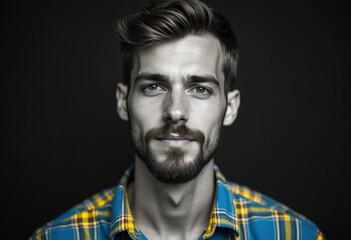 Obraz premium A young man with styled hair and a beard, wearing a blue and yellow plaid shirt, stares intently into the camera.