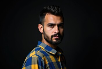 A portrait of a man with a beard, wearing a blue and yellow plaid shirt, looking intently.