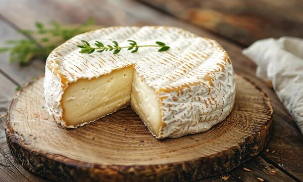 Wheel of soft cheese with cut wedge on wooden board, garnished thyme