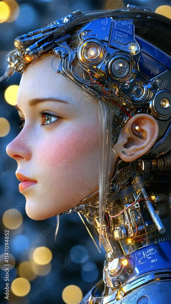 Poster futuristic cyborg portrait showcasing intricate mechanical features and vibrant lighting in a close-