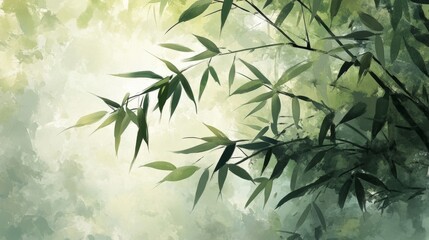 Serene Abstract Painting of Bamboo Leaves and Branches