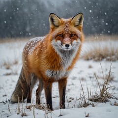 Obraz premium A fox with a thick winter coat standing in a snowy field.