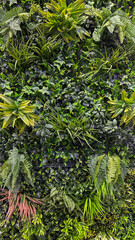 A vertical garden with diverse artificial plants and foliage, perfect for interior design, eco-friendly branding, or creating a refreshing natural ambiance in commercial or residential spaces.