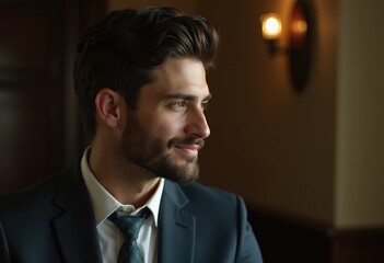 A handsome man with a beard, wearing a suit and tie, looks thoughtfully to his right.