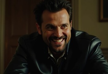 Fototapeta premium A man with a mischievous grin, wearing a black leather jacket, looks playfully at the camera.