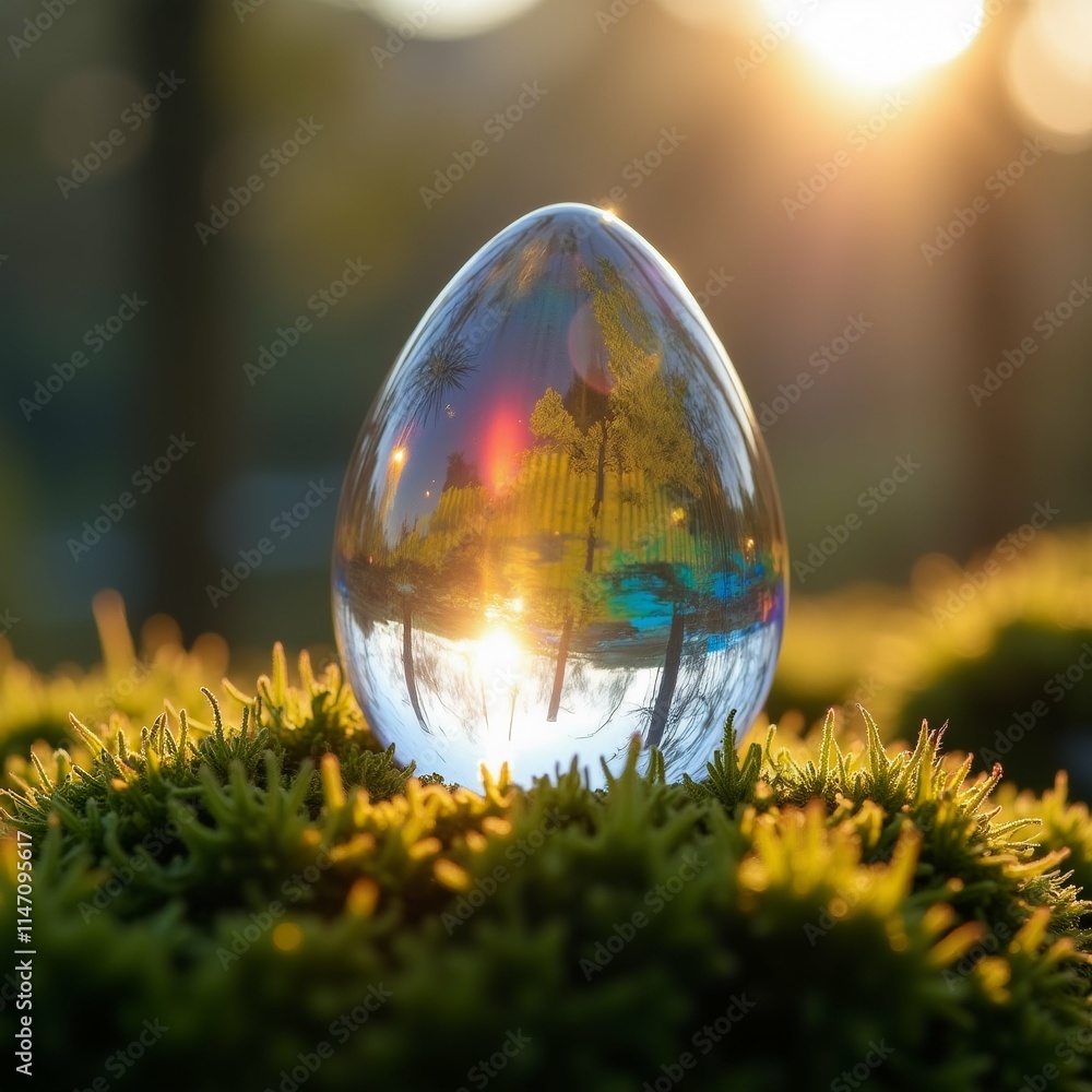 Poster the image is a close-up of an easter egg lying on a bed of green moss. the egg is transparent and ha