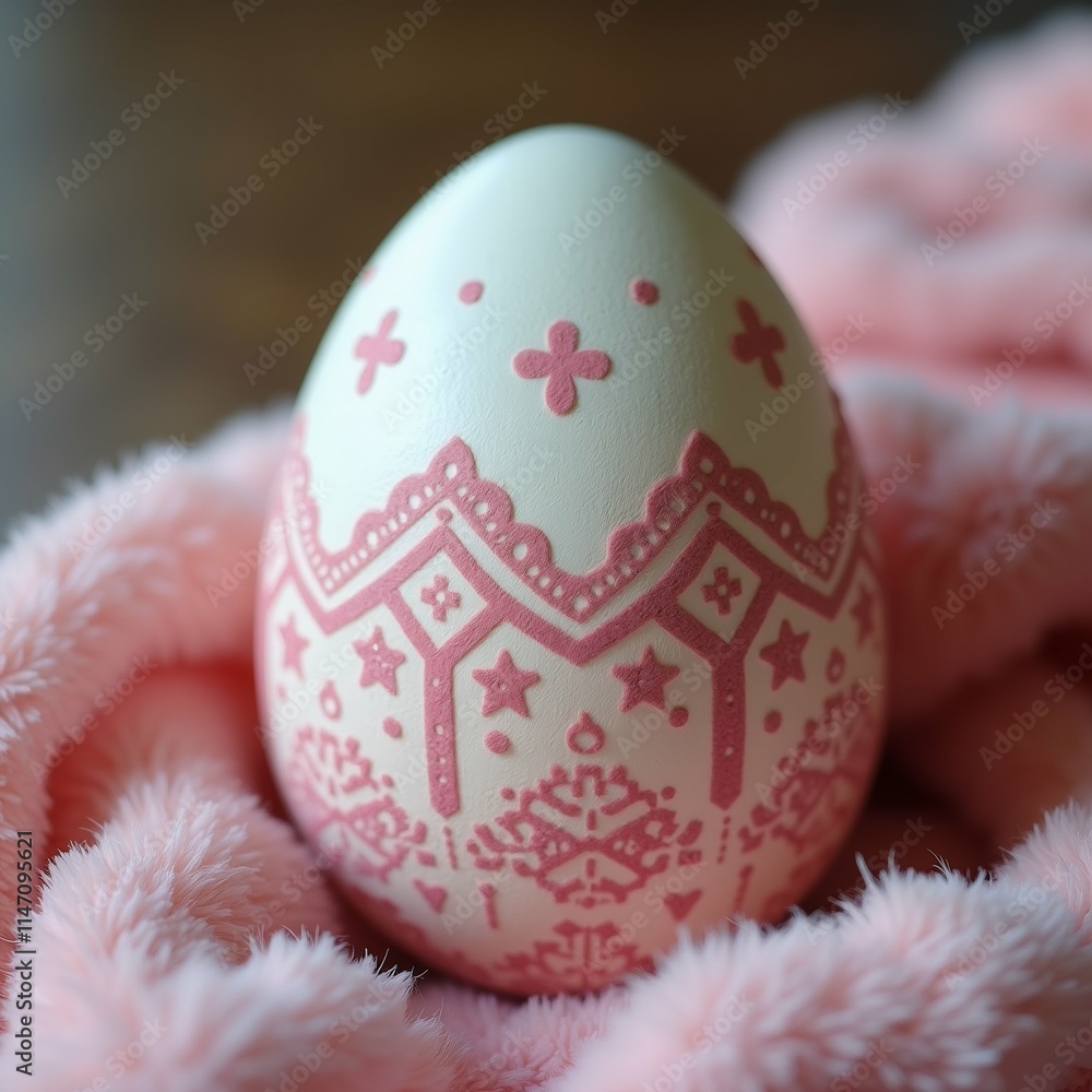 Poster the image is a close-up of an easter egg. the egg is white with a pink design on it. the design is i