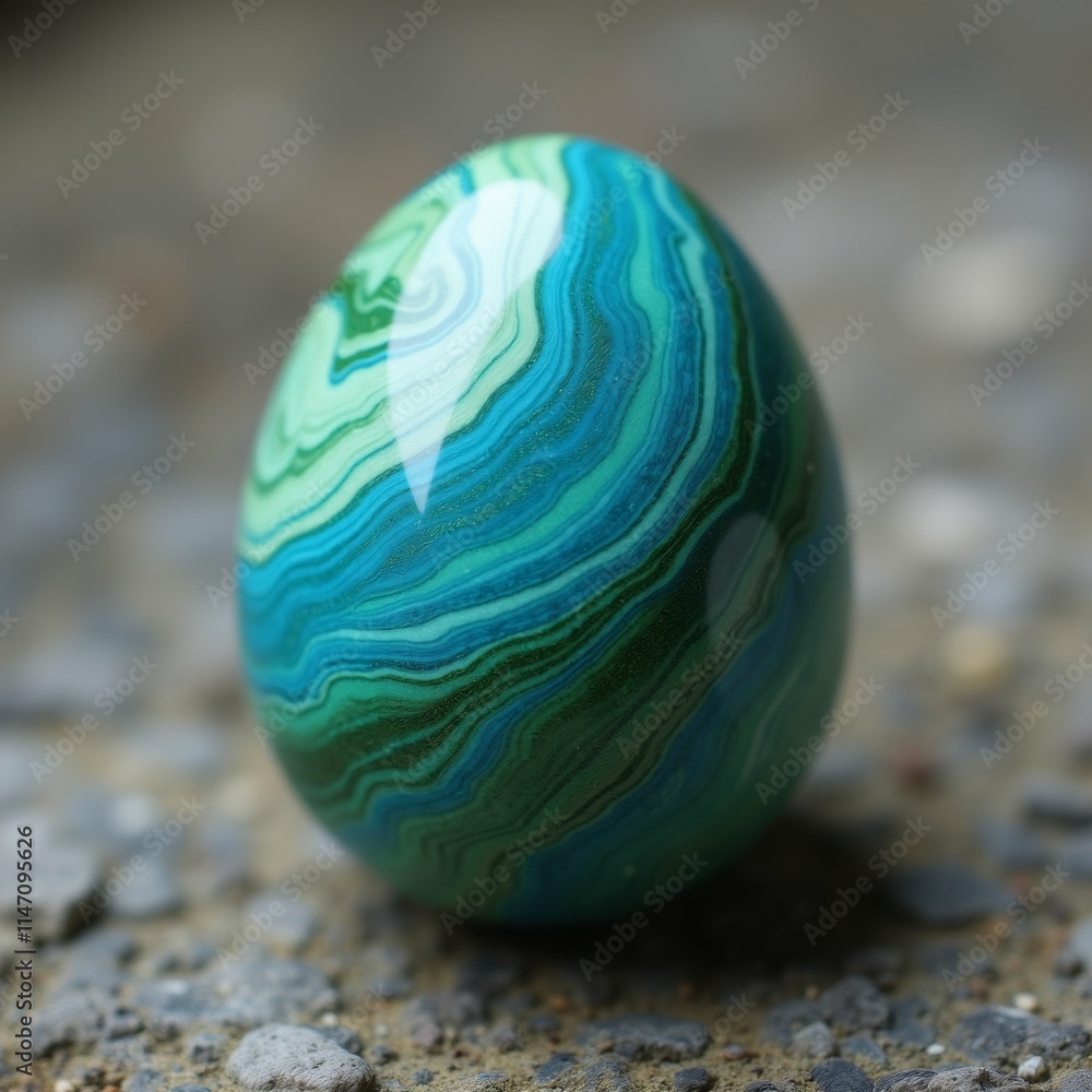 Poster the image is a close-up of an easter egg lying on a bed of small rocks and pebbles. the egg is round