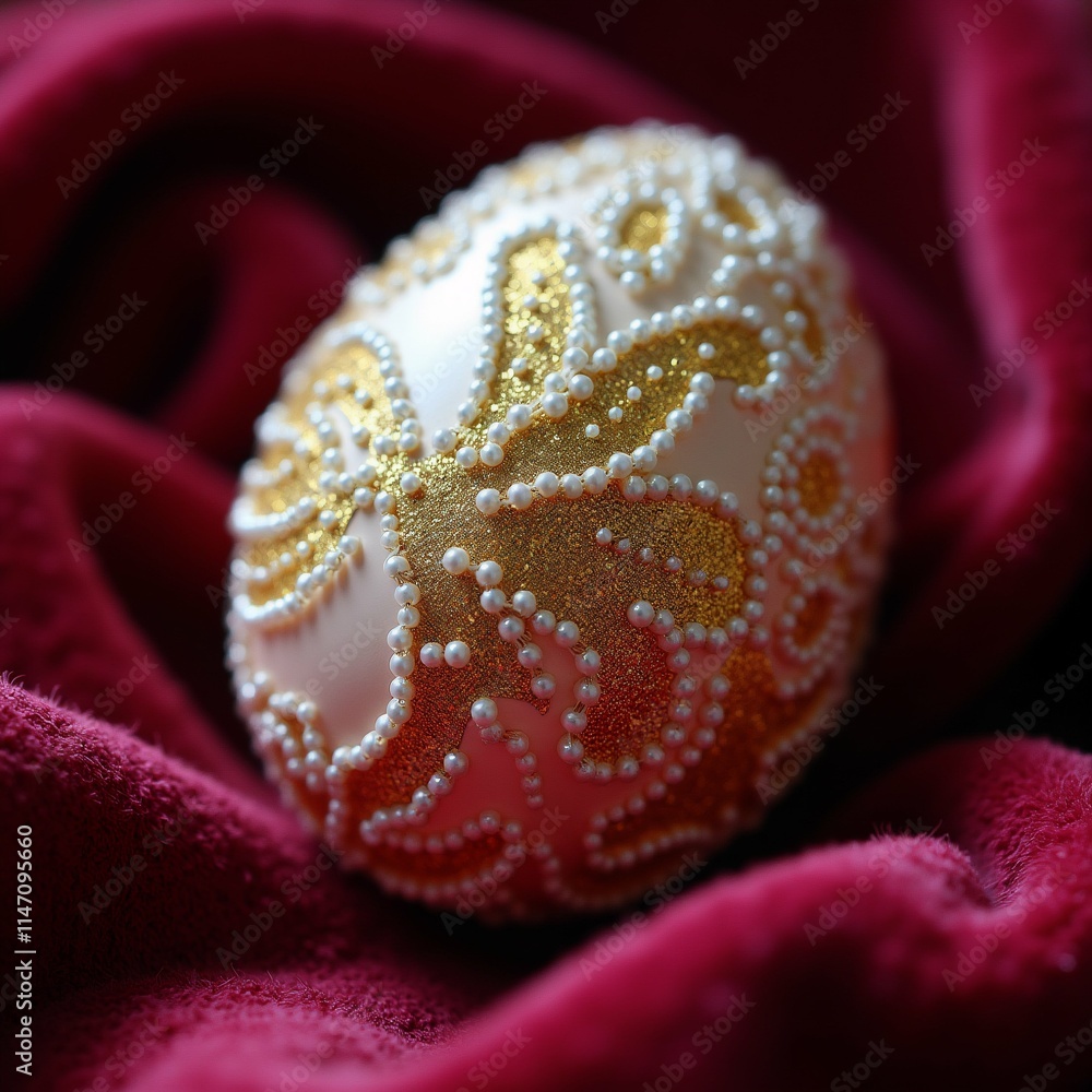 Poster the image is a close-up of a round, white ball with intricate gold designs on it. the ball is restin
