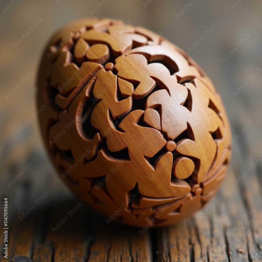 Poster the image is a close-up of a round, wooden object with intricate carvings on its surface. the object