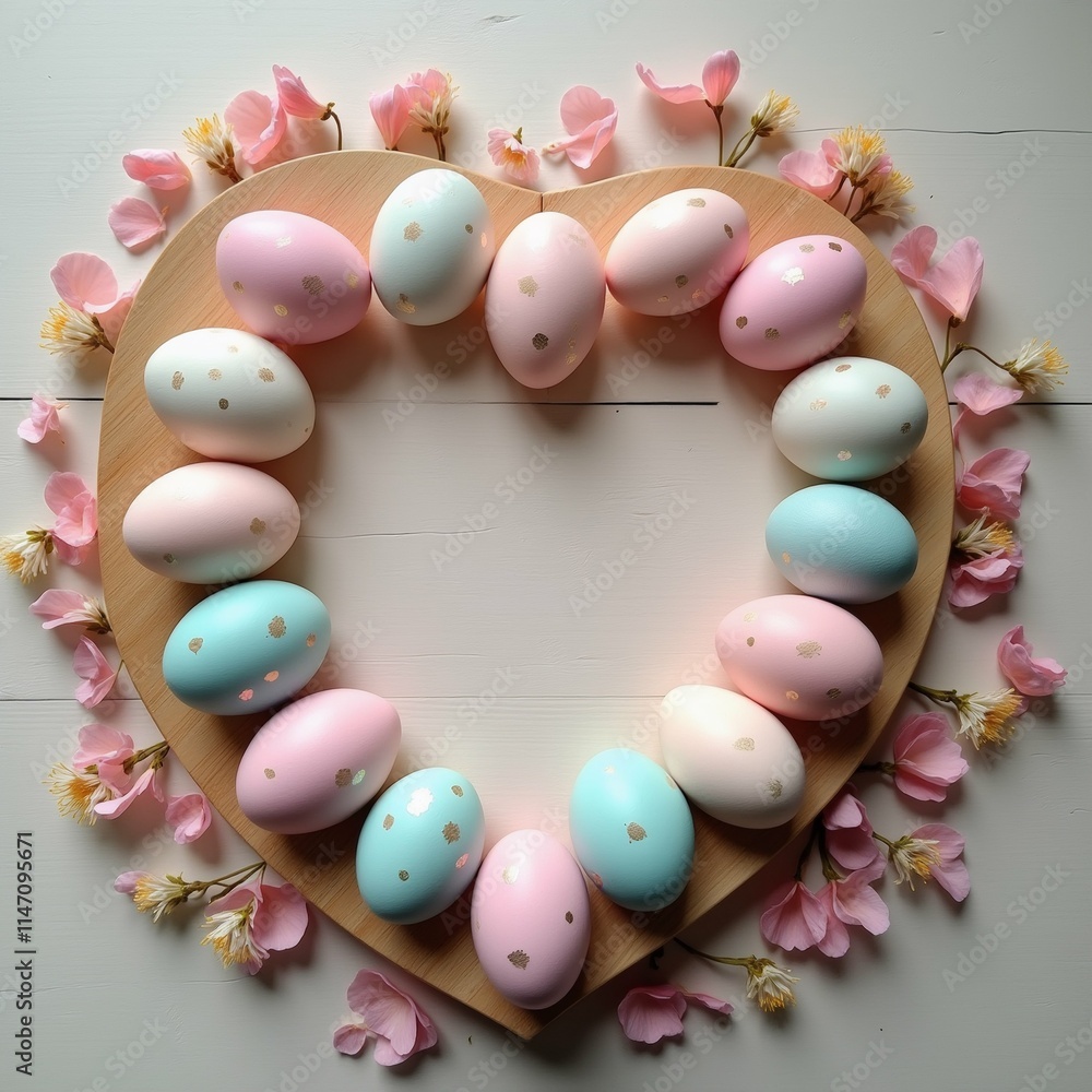 Aufkleber the image is a flat lay of a heart-shaped arrangement of easter eggs on a wooden plate. the eggs are