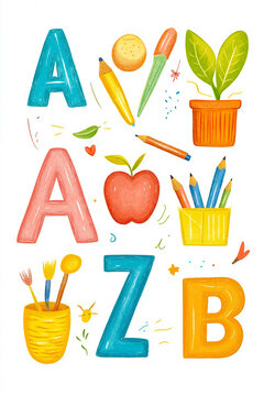 A, B, C, D, E, F, G, H, J, K, L, N, O, Z, ZB, and B are surrounded by school supplies