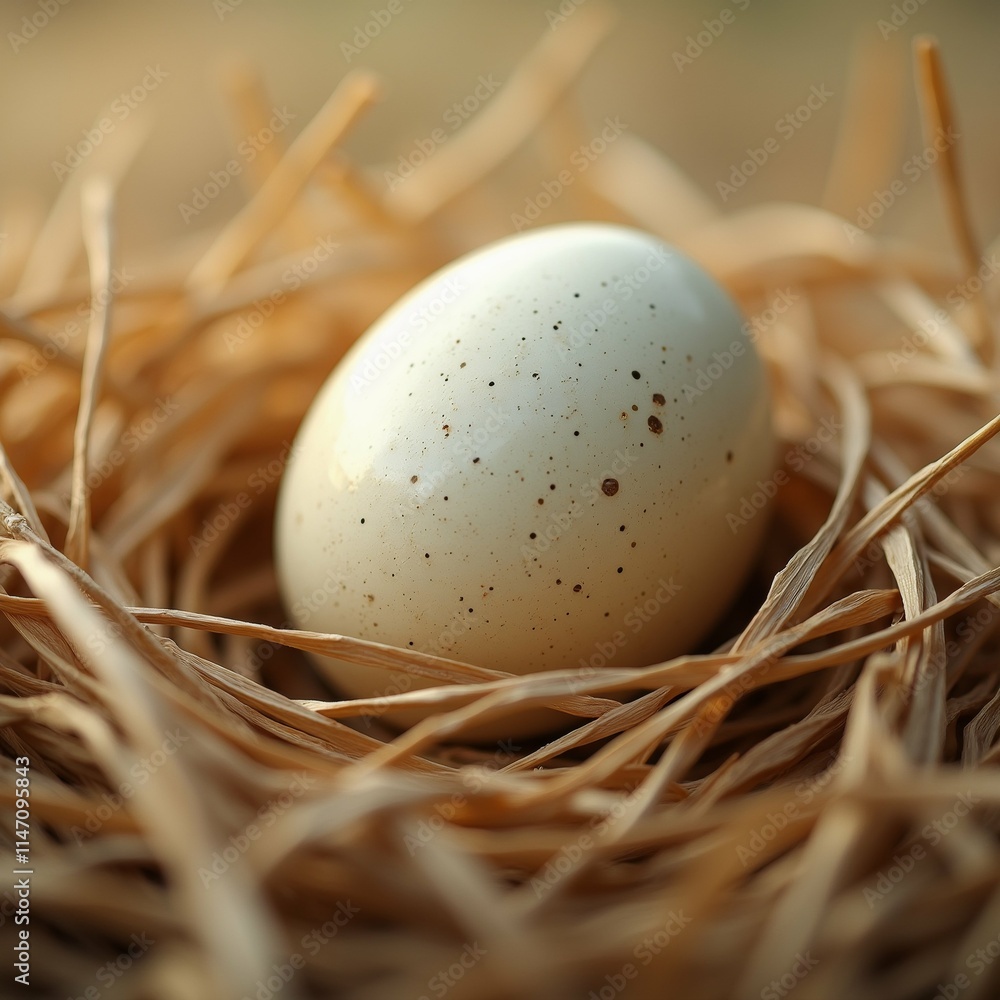 Poster the image shows a single white egg lying in a nest made of straw. the egg is round and has small bla