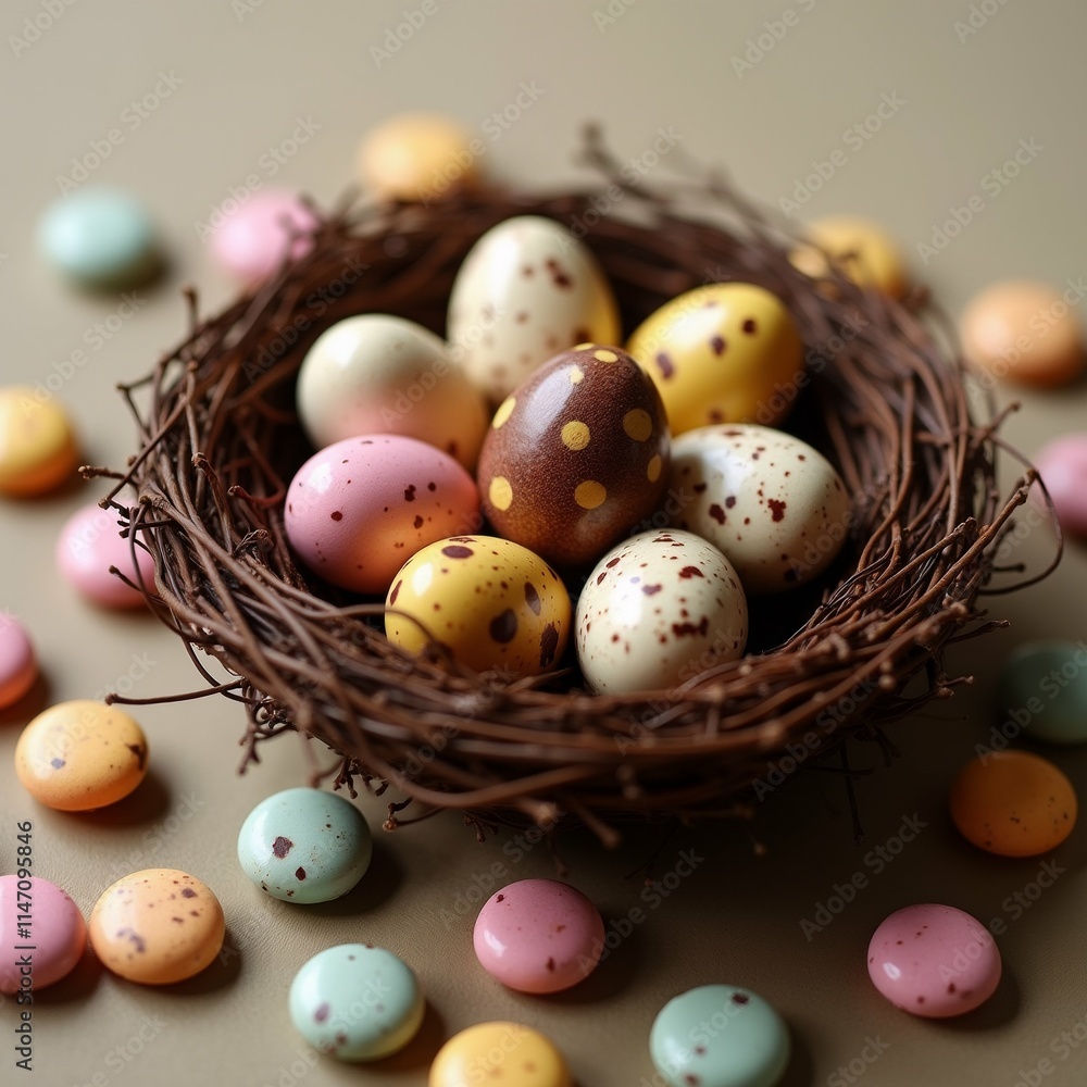 Poster the image shows a nest filled with colorful easter eggs. the nest is made of twigs and is placed on 