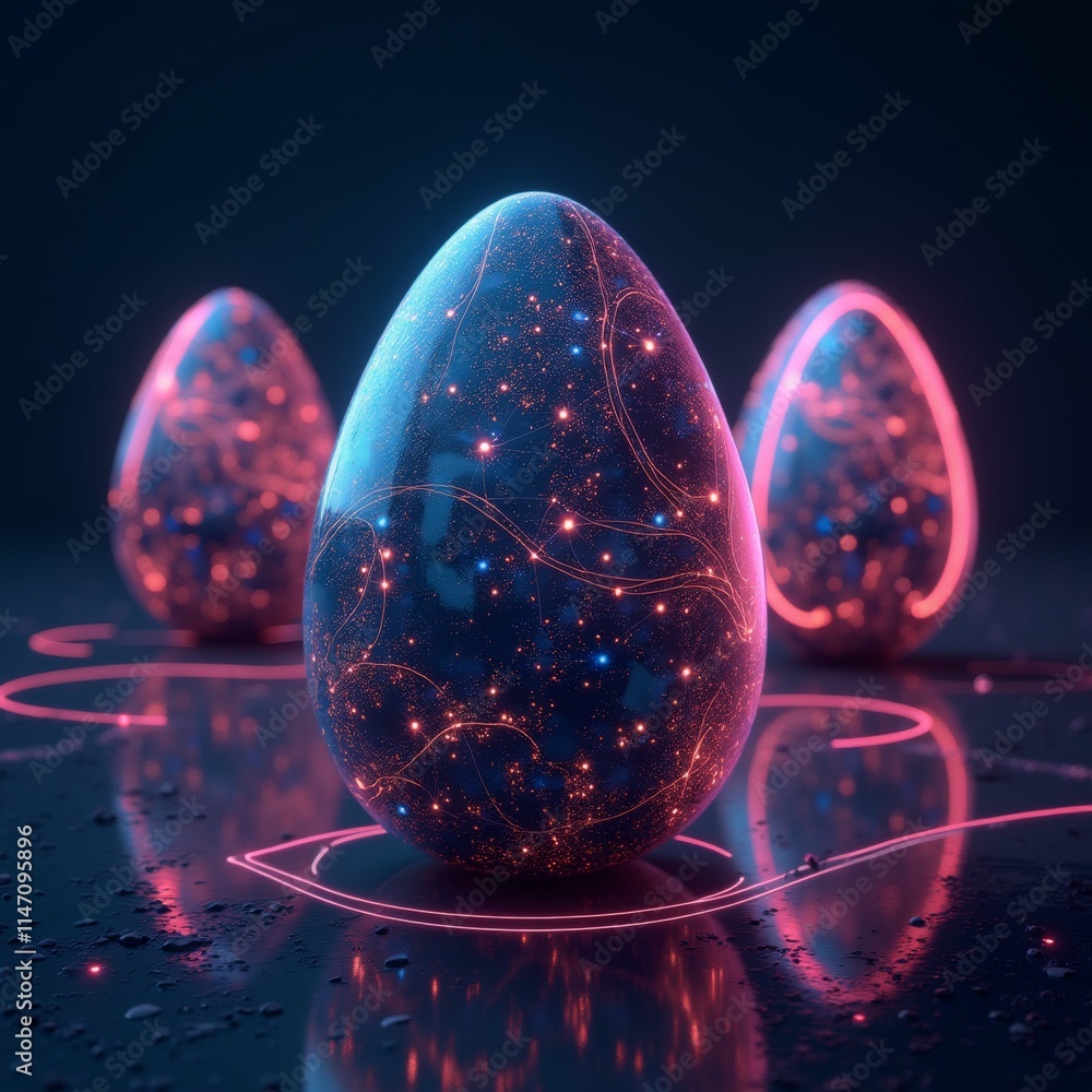 Poster the image shows three easter eggs on a black surface with a dark background. the eggs are arranged i