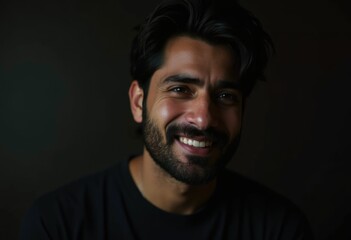 Fototapeta premium A portrait of a smiling man with dark hair and a beard against a dark background.