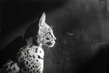 A striking black and white profile of a serval cat highlighting its elegant features and wild elegance.