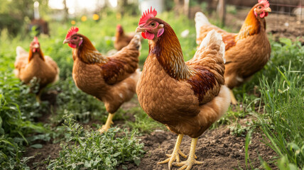 Fototapeta premium Close-up of fluffy, healthy hens with bright feathers exploring a natural outdoor farm area filled with grass, dirt, and small plants. 