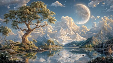 Fototapeta premium Serene moonlit landscape with a majestic mountain range reflected in a calm lake, a solitary tree stands in the foreground.