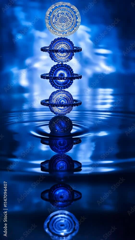 Poster rings create ripples in blue water with mesmerizing reflections and intricate designs captured in a 