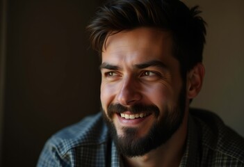 Fototapeta premium A portrait of a smiling man with a beard, looking off to the side, with sunlight highlighting his face.
