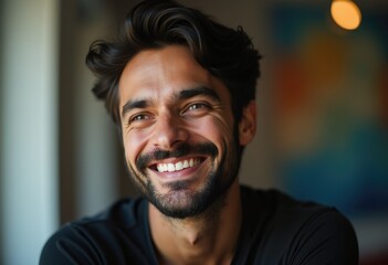 Obraz premium A happy man with dark hair and beard smiles brightly, showcasing his white teeth.