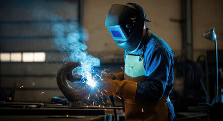 Welder in workshop using welding torch, emitting sparks and smoke