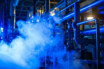 Obraz premium Blue smoke is filling an industrial facility with pipes and valves