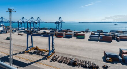 Obraz premium Coastal port with cranes, containers, and cargo vehicles under clear sky