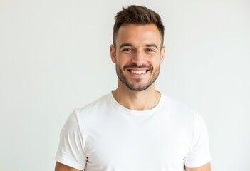 Fototapeta premium A young man with short brown hair smiles brightly while wearing a plain white t-shirt against a white background.