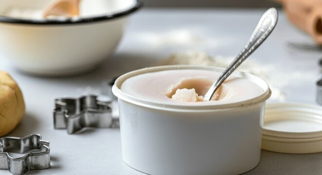 Container of lard with spoon, surrounded by baking tools like cookie cutters