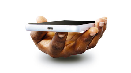 Black African hand holding mobile phone  side view screen facing up isolated on white background....