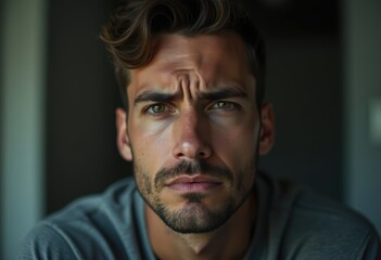 Fototapeta premium Close-up portrait of a serious, brooding man with intense green eyes and a short beard.