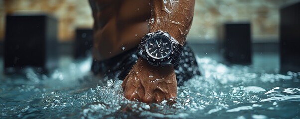 Close-up of swimmer with sports watch in a pool