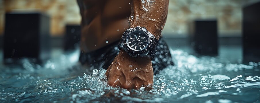 Close-up of swimmer with sports watch in a pool