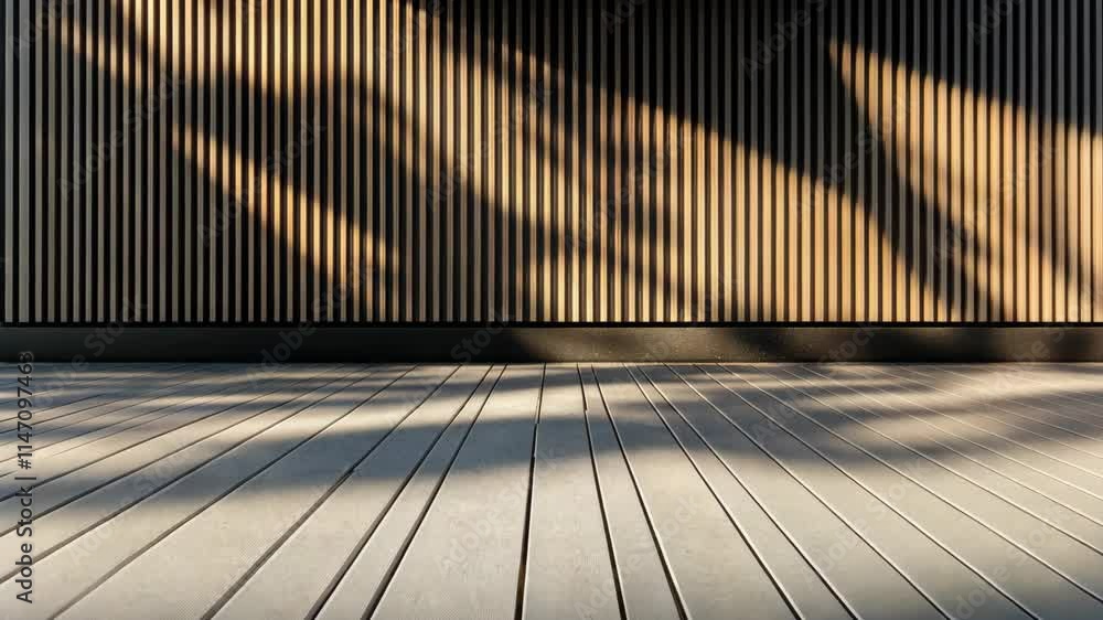Poster shadows cast by vertical wooden slats create a unique play of light on the flat surface during after