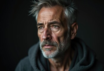 Fototapeta premium A pensive older man with graying hair and beard, gazing thoughtfully into the distance.