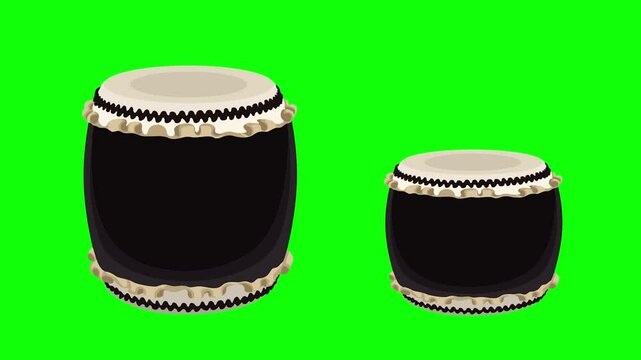 taiko drum Percussive animation. Traditional Japanese Music Instrument motion on green screen background. animated 4k chroma key