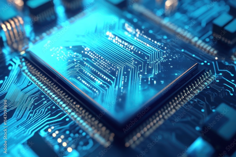 Poster advanced circuit board illuminated with blue light showcasing intricate electronic components
